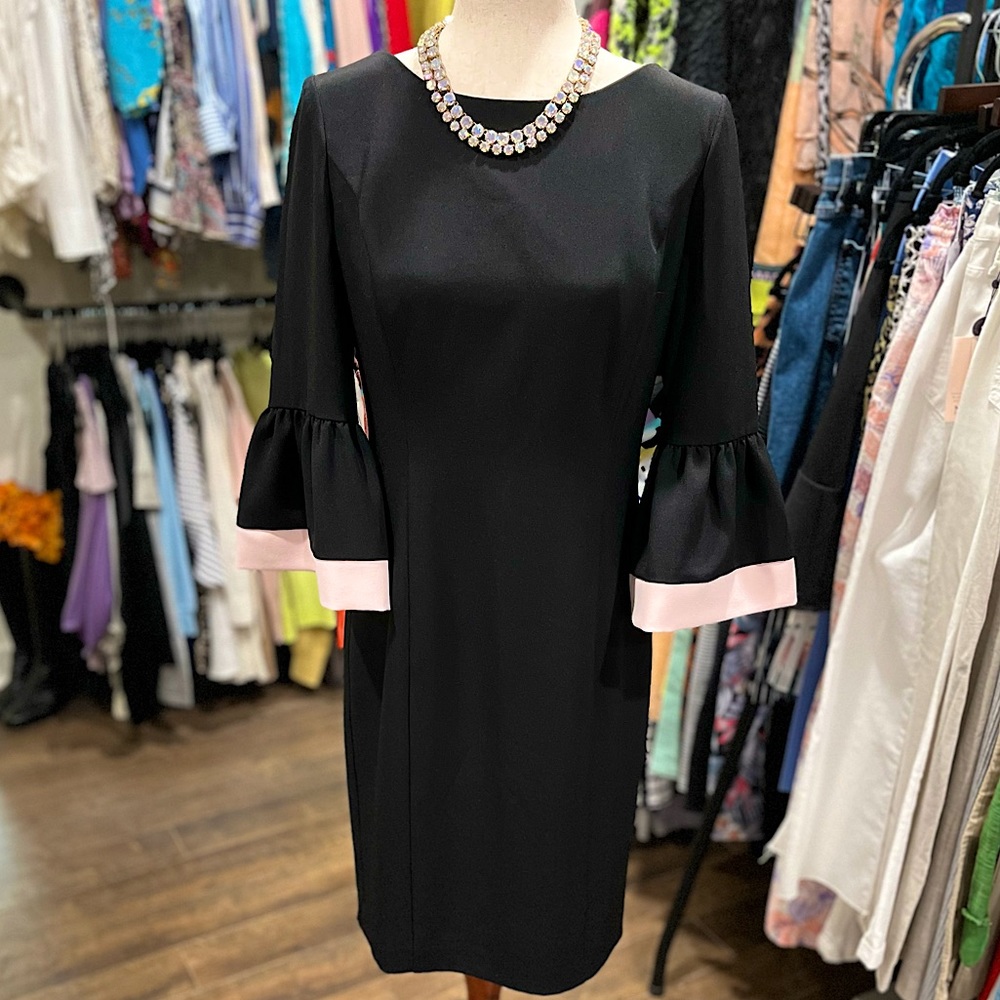 LAUREN Ralph Lauren Women’s Bell-Sleeve Stretch Crepe Dress in Black & Pink Trim